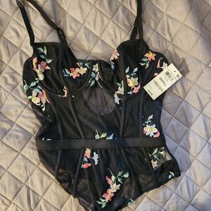 Floral Embroidered Black Bodysuit